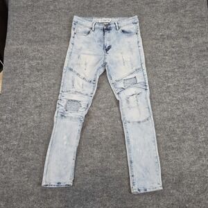 GSTR Men's Distressed Moto Biker Jeans Size 34x30 Light Wash Bleach Splash Denim